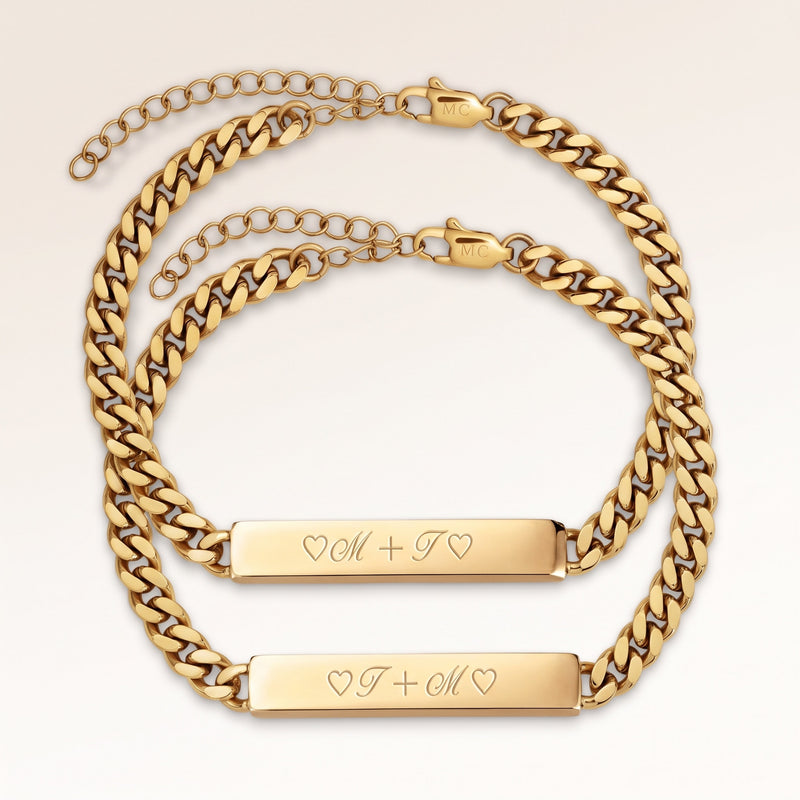 Friendship bracelets, pair of two bar bracelets in gold with personalized engraving, from Mon Chou