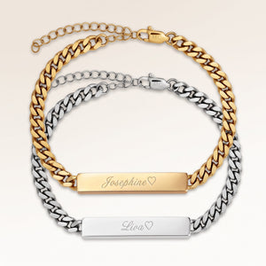 Friendship bracelets, pair of two bar bracelets in gold and silver with personalized engraving, from Mon Chou