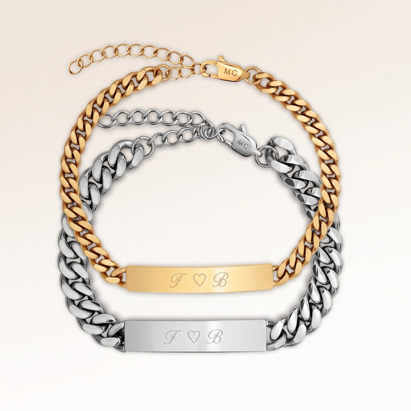 Couples bracelets with 5 mm bar for her and 8 mm bar for him in gold and silver with personalized engraving, from Mon Chou