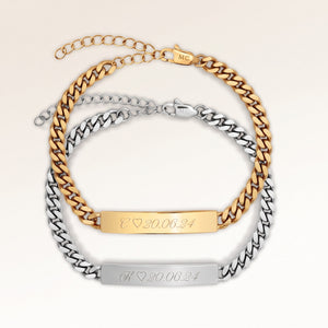 Couples bracelets, pair of two bar bracelets in gold and silver with personalized engraving, from Mon Chou