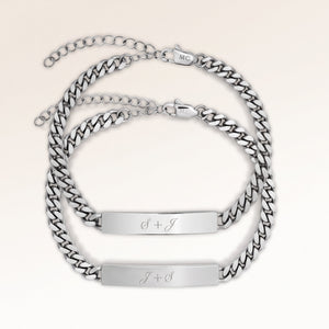 Couples bracelets, pair of two bar bracelets in silver with personalized engraving, from Mon Chou